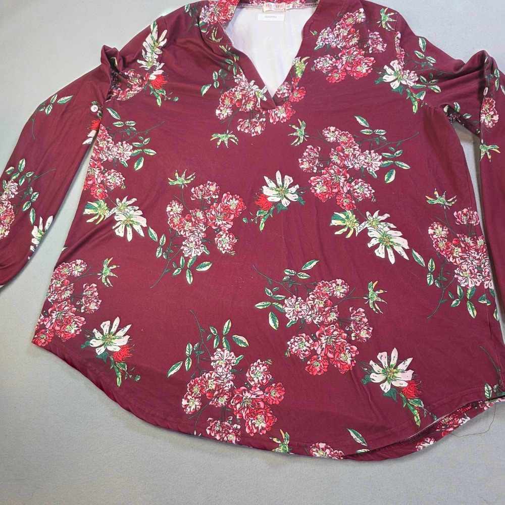 Halife Womens XL Floral V-Neck Long Sleeve Top Burgundy Pink Stretchy Blouse